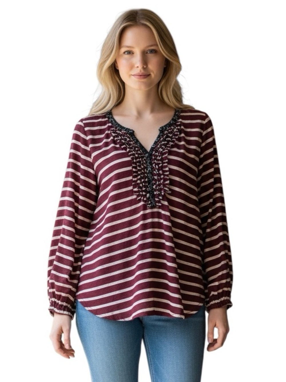 POSTMARK x ANTHROPOLOGIE: Striped Ruffle Henley Long Sleeve Top -Size Large